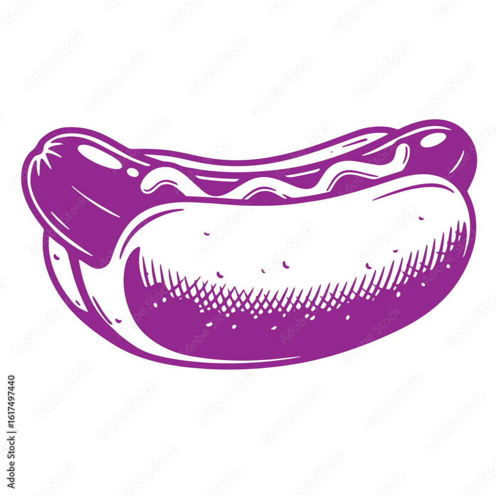 Fototapeta premium Simple purple stylized illustration of a hot dog with mustard on a white background