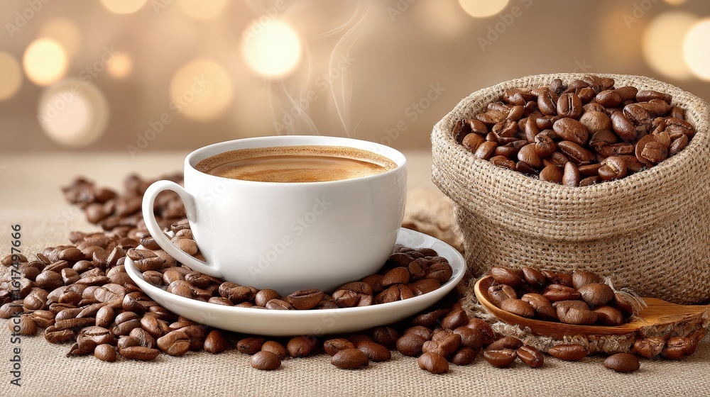 Fototapeta premium Hot Coffee in a White Cup with Steam Rising, Surrounded by Roasted Coffee Beans in a Burlap Bag and on a Wooden Surface, Warm Cozy Morning Beverage Scene