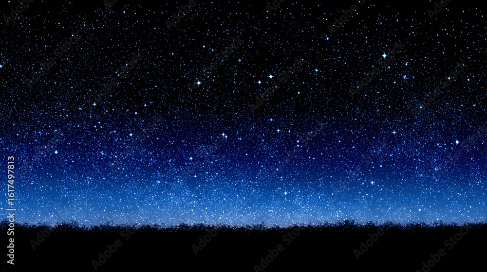 Obraz premium Starry night sky above a dark silhouette of trees.