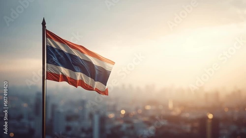Vintage Thai Flag Texture Thai Flag Waving Against Beautiful Sunset Over a City Skyline