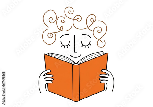 A simple, charming illustration of a person with curly hair reading an open orange book with their eyes closed in enjoyment isolated on transparent background