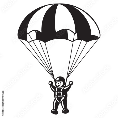 Vector illustration of a person skydiving under a black and white striped parachute