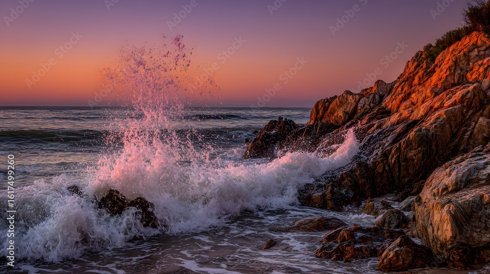 Fototapeta premium Dramatic ocean waves crashing against rocks at sunrise.
