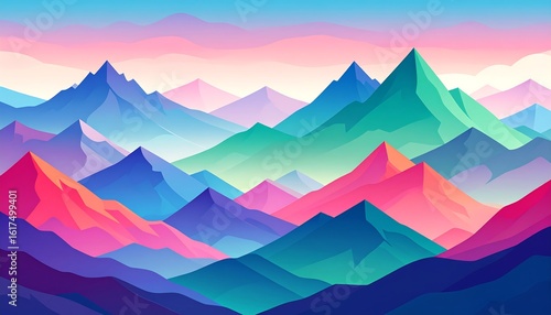Vibrant, stylized mountain range at sunrise, layered peaks in various pastel colors