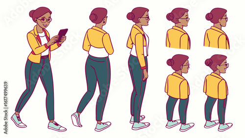 Young Woman Using Smartphone in Casual Attire with Multiple Poses and Views