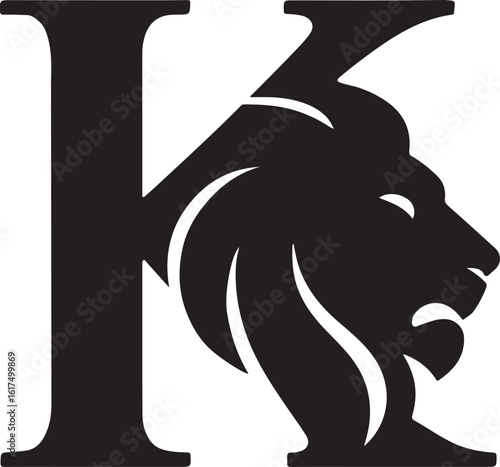 Bold black letter k integrated with a majestic lion silhouette