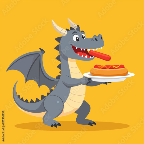 Cartoon dragon serving hotdogs on a plate, happily sticking its tongue out in anticipation against a bright yellow background, perfect for children's illustrations.