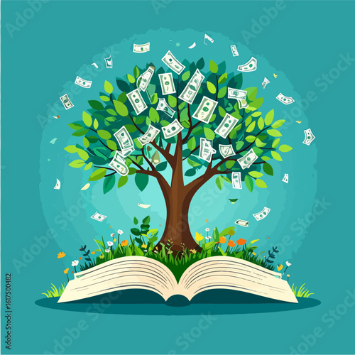 Illustration of a money tree growing from an open book amidst flowers, symbolizing financial literacy, investment growth, and the power of knowledge for generating wealth.