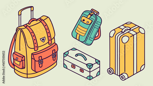 Collection of Colorful Travel Bags and Luggage in Various Styles and Sizes