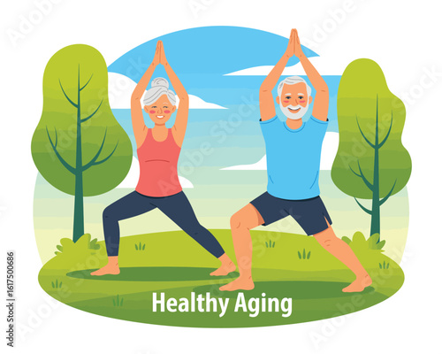 A flat vector style illustration of a senior couple doing yoga in a park. Concept of healthy aging and active lifestyle for the elderly.
