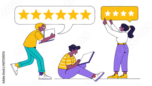 Engaged Diverse Team Collaborating on Customer Feedback and Ratings for Product