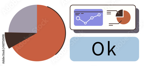 Pie chart, line graph, data dashboard, and Ok text highlight analytics insights. Ideal for business analysis, reporting, efficiency, results tracking communication decision-making. Simple flat