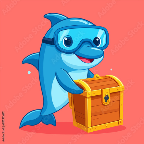 A cheerful cartoon dolphin wearing blue goggles happily guards a wooden treasure chest against a pink background, perfect for children's books or educational illustrations.