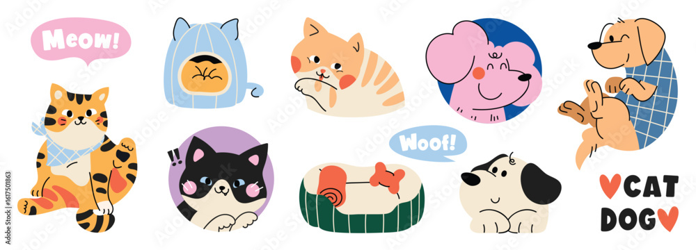 Fototapeta premium Cat and Dog Cartoon Vector Set. Hand drawn cute and playful pets with speech bubbles and cozy poses for stickers, greeting cards, kids designs, and pet-themed clipart.
