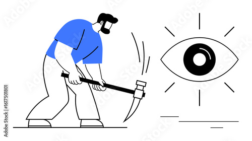 Man wielding a pickaxe striking at an illuminated eye, representing discovery, vision, ideas. Ideal for creativity, analysis, innovation, insight exploration awakening concept development. Simple