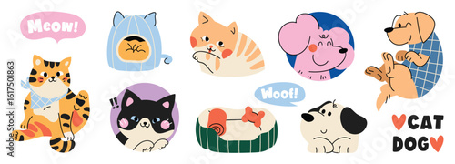 Cat and Dog Cartoon Vector Set. Hand drawn cute and playful pets with speech bubbles and cozy poses for stickers, greeting cards, kids designs, and pet-themed clipart.