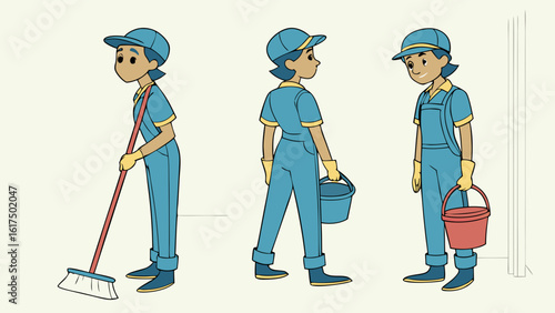 Illustration of a Female Cleaning Worker in Blue Uniform Engaged in Various