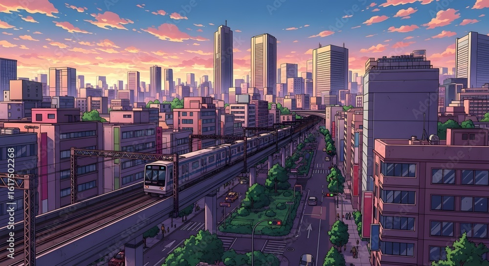 Obraz premium Vibrant Retro Anime Cityscape With Elevated Train at Sunset