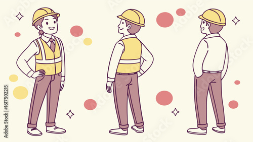 Illustration of a Construction Worker in Safety Gear Posing from Multiple