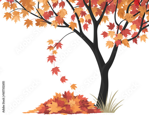 A stylized vector illustration of an autumn maple tree with colorful leaves falling onto a pile on the ground