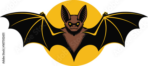 Stylized nocturnal bat illustration with wide outstretched wings and glowing eyes, set against a vibrant full moon, ideal for a powerful emblem or dynamic graphic design element.