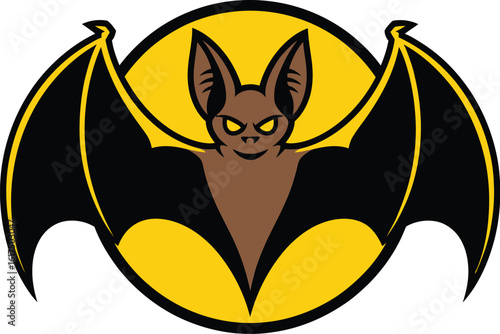 A fierce bat mascot with glowing eyes is flying in front of a full yellow moon. This is a vector illustration perfect for a sports team logo or emblem.