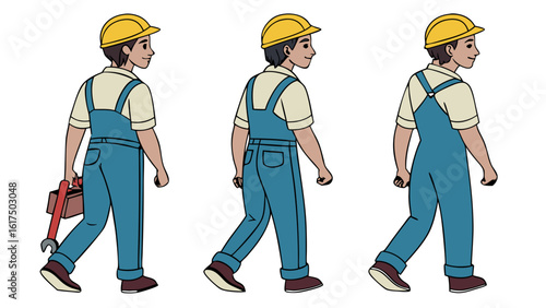 Male Construction Worker in Yellow Safety Helmet and Blue Overalls Walking with