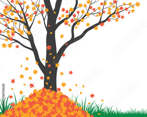 A stylized illustration of a deciduous tree shedding its colorful leaves during the autumn season, with a pile of foliage on the grass.