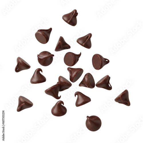 Scattered Chocolate Chips isolated on transparent Background, white background