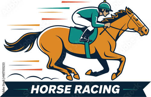 Vibrant stylized vector illustration showcasing a speedy racehorse with a jockey in action, embodying the thrill of equestrian competition and the exciting world of professional horse racing.