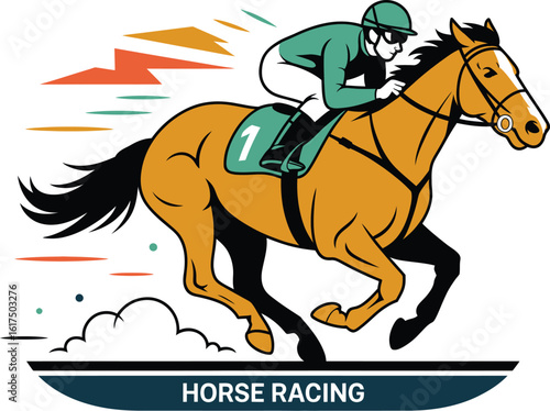 A stylized vector illustration of a jockey riding a thoroughbred racehorse at full speed during a competitive derby event