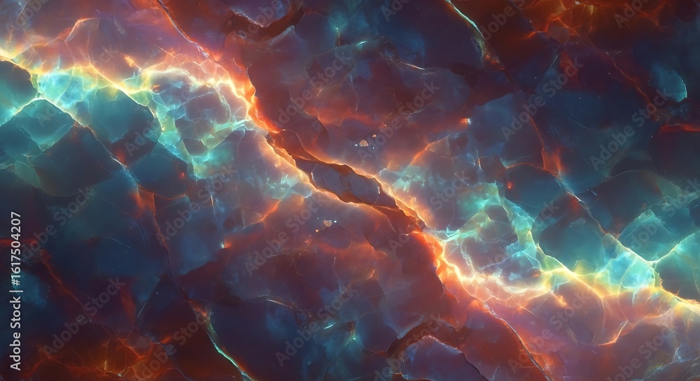 Obraz premium Vibrant cosmic marble texture with flowing energy, Abstract gemstone pattern with fiery veins and celestial colors