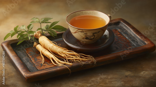 fresh Korean ginseng placed elegantly on a traditional wooden Korean tray next to a cup of warm honey tea