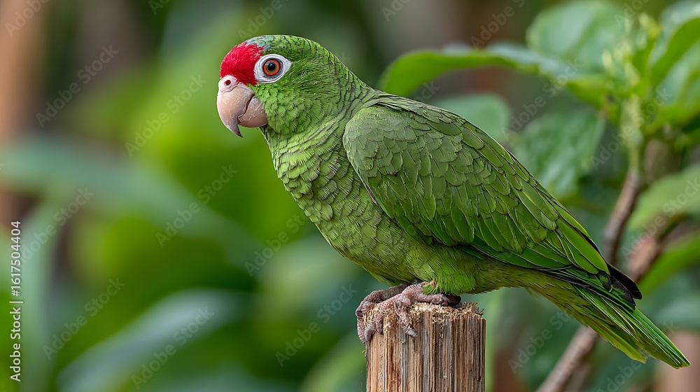 Close-up of a parrot perched on a wooden post. Close-up of a parrot perched on a wooden post.