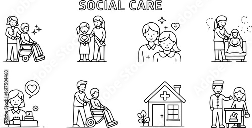 a set of line drawing icons illustrating social care, including healthcare professionals assisting patients with mobility and daily activities