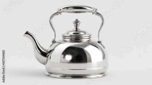 A single, ultra sharp 4K photorealistic image of a polished stainless steel stovetop tea kettle, clean and pristine, perfectly isolated on a pure white background. Studio lighting, sharp focus on the