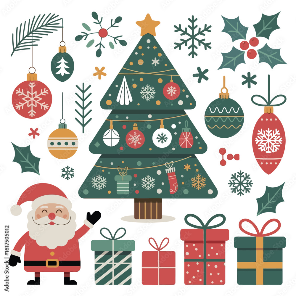 Christmas holiday collection with Santa Claus, decorated tree, gifts, and ornaments. Vector graphic design elements set. Christmas holiday collection with Santa Claus, decorated tree, gifts, and ornaments. Vector graphic design elements set.