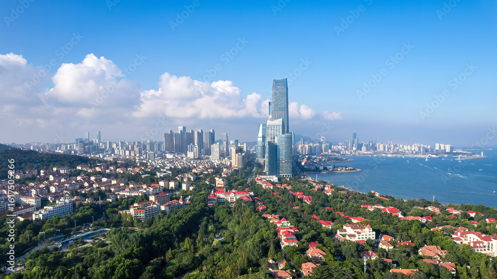 Fototapeta premium Aerial View of Coastal Cityscape with Modern Architecture