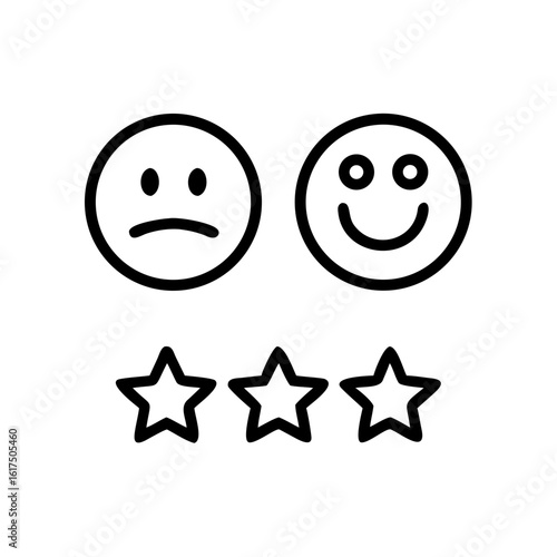 Illustration of a sad face, a happy face, and three stars in a row on a white background design