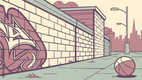 Cartoon urban basketball court with graffiti wall and city skyline background vector illustration