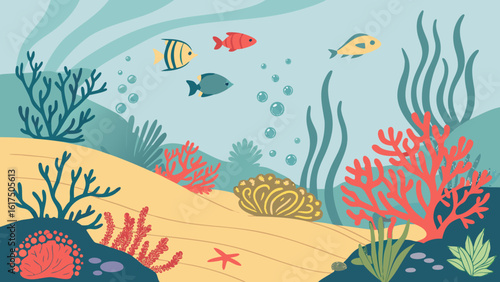 Cartoon underwater scene with fish coral seaweed bubbles and sea life vector illustration background design