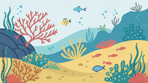 Underwater scene illustration of coral reef ecosystem with fish and marine life vector background design
