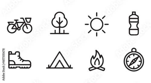 Outdoor adventure icons bicycle tree