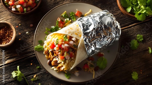 Chipotle burrito on plate with spicy toppings
