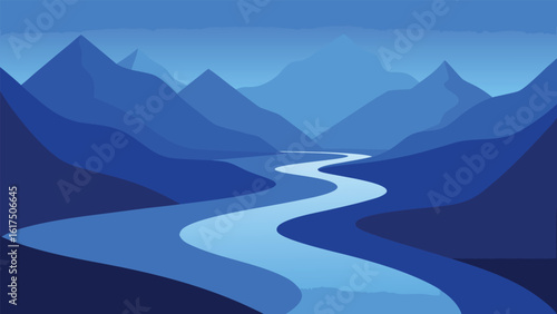 Serene blue mountain landscape with winding river illustration