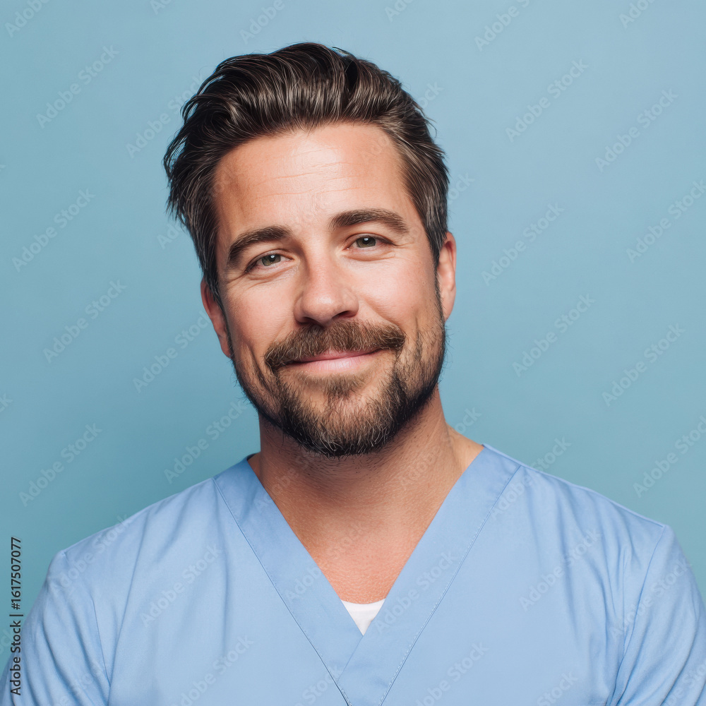 Obraz premium male doctor in light blue medical uniform smiling on blue background