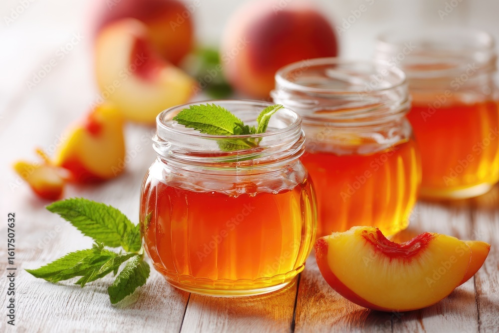 Peach preserves in glass jars, fresh slices Peach preserves in glass jars, fresh slices