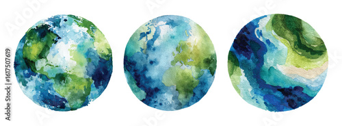 Watercolor Earth Globes Collection: Three Unique Earth Illustrations on Transparent Backdrop for Environmental Awareness and Global Concepts Visuals