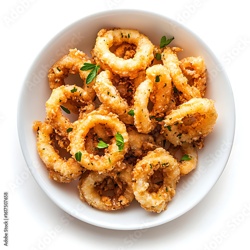 Crispy Fried Calamari Rings in a White Bowl