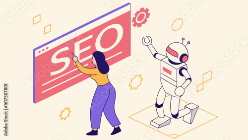 Woman Engaging with SEO Concepts Alongside a Friendly Robot in a Digital